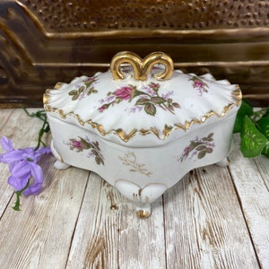 Vintage Porcelain Wild Rose Trinket Box, English Rose and Gold Decor Footed Jewelry Box, Keepsake Box