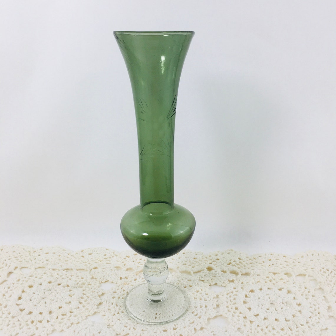 Green Etched Glass Bud Vase Etsy
