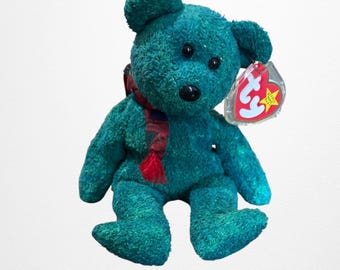 TY Beanie Babies - Wallace the Green Bear With Plaid Scarf - Rare