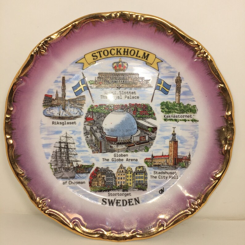 Stockholm Sweden Collectible Souvenir Plate Gold Trim Scandinavia