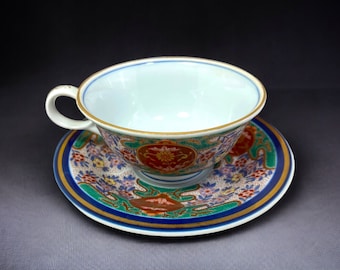 Vintage Handpainted Japanese Tea Cup and Saucer, Multicolored Flowers with Gold and Cobalt Blue Trim Tea Cup