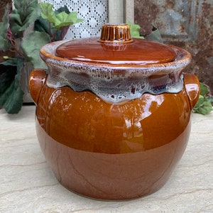 Vintage Crock Cookie Jar, Bean Pot Hull Pottery Like Cookie Jar, Brown and White Drip Glaze