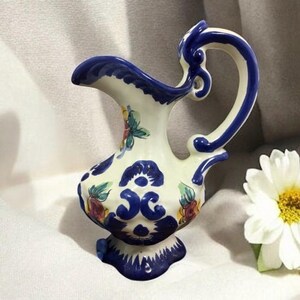 Vintage Blue Pitcher Made in Portugal, Hand Painted Blue Floral Pottery Ewer, Vestal Alcobaca, 1036