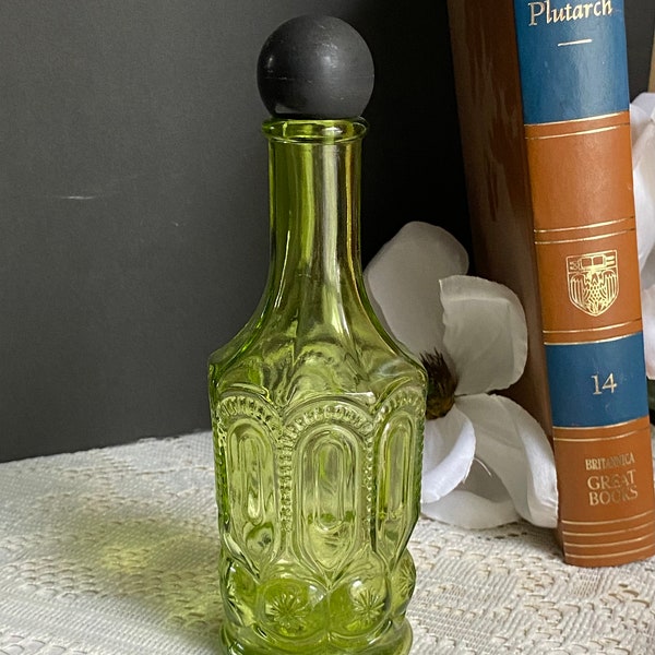 Vintage Avon Green Glass Apothecary Decanter - Lemon Velvet  Bottle