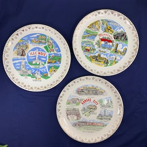 Vintage STATE SOUVENIR PLATES, State Plates, Plate Wall Decor, Retro Kitchen Decor, Illinois, Kansas City, Missouri