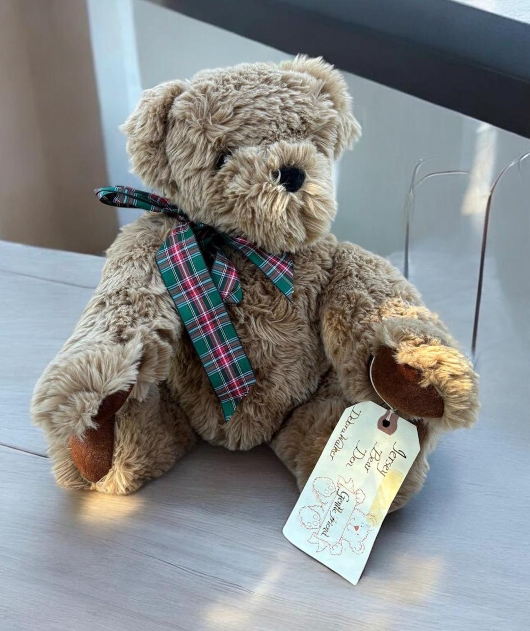 その他 vintage teddy bear with tweed ribbon Vintage Brown Teddy Bear With Plaid Bow, Handmade Stuffed Teddy