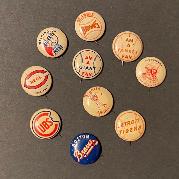 Antique MLB Baseball Pinback Button Pins Boston Braves, Cubs, Tigers, Giants, St Louis Browns, Pirates, Phillies, Reds, Washington Nationals