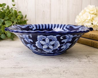 Vintage Cobalt Blue Serving Bowl, Blue Floral Ceramic Centerpiece, Scalloped Decorative Fruit Bowl, Cottage Farmhouse Home Decor
