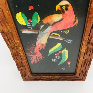 Peut inclure: Une &oelig;uvre d'art encadr&eacute;e repr&eacute;sentant un oiseau color&eacute; fait de plumes, perch&eacute; sur une branche avec des feuilles vertes. Le fond est noir et le cadre est en bois brun.