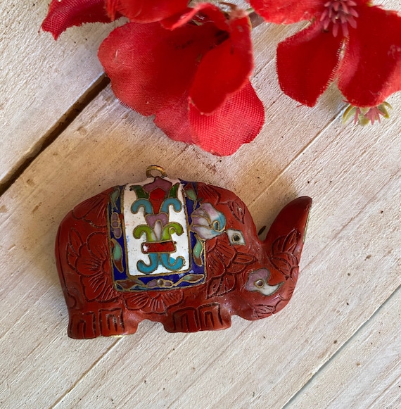Vintage Cloisonné Elephant Pendant - Enamel Cloisonné Cinnabar Elephant Jewelry