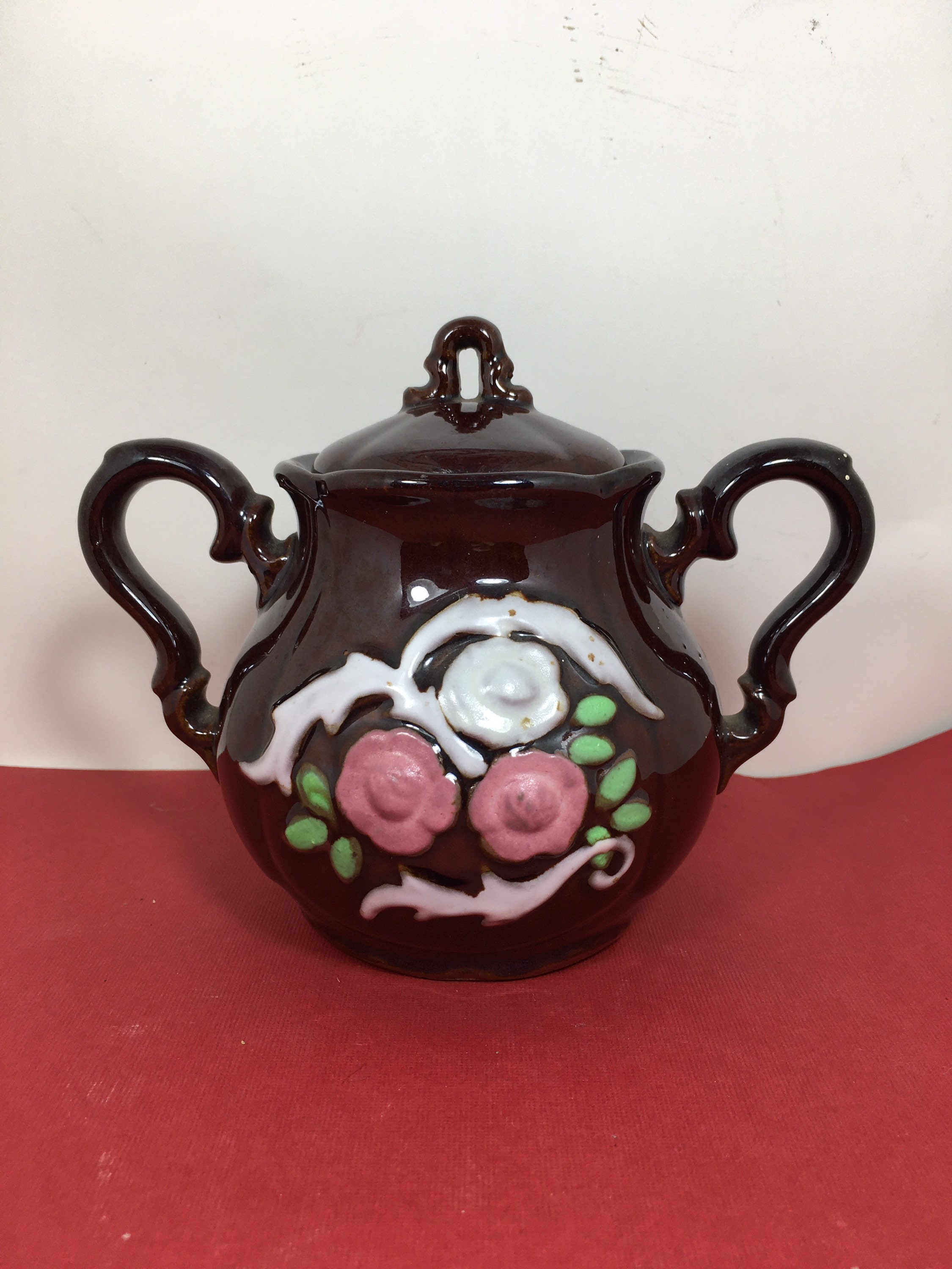 Antique Sugar Bowl Marrón Floral Cerámica Dos Manejado Sugar Etsy