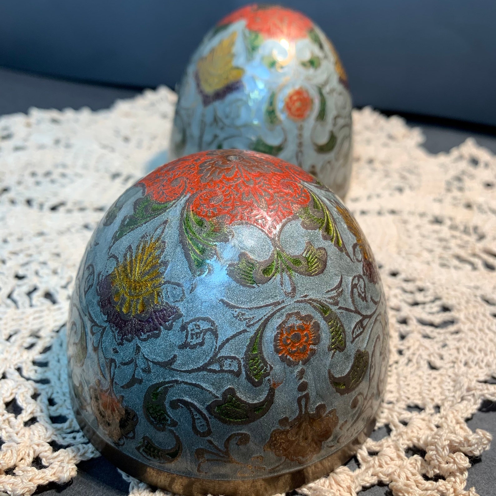 Brass and Enamel Cloisonné 2 piece Egg Trinket Box Grey Gold Etsy