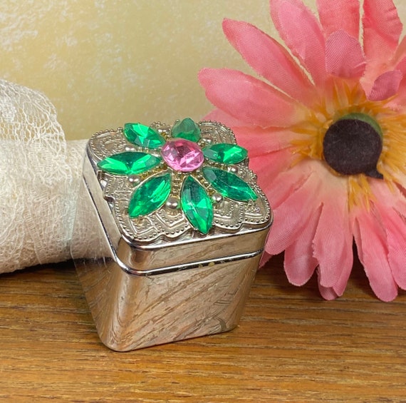 Jeweled Flower Trinket Box Tin Box With Jeweled Lid Tin Storage
