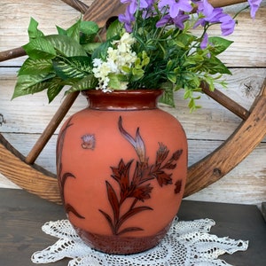 Large Brown Ceramic Vase with Organic  Earth Toned Flower Motif - Floral Vase