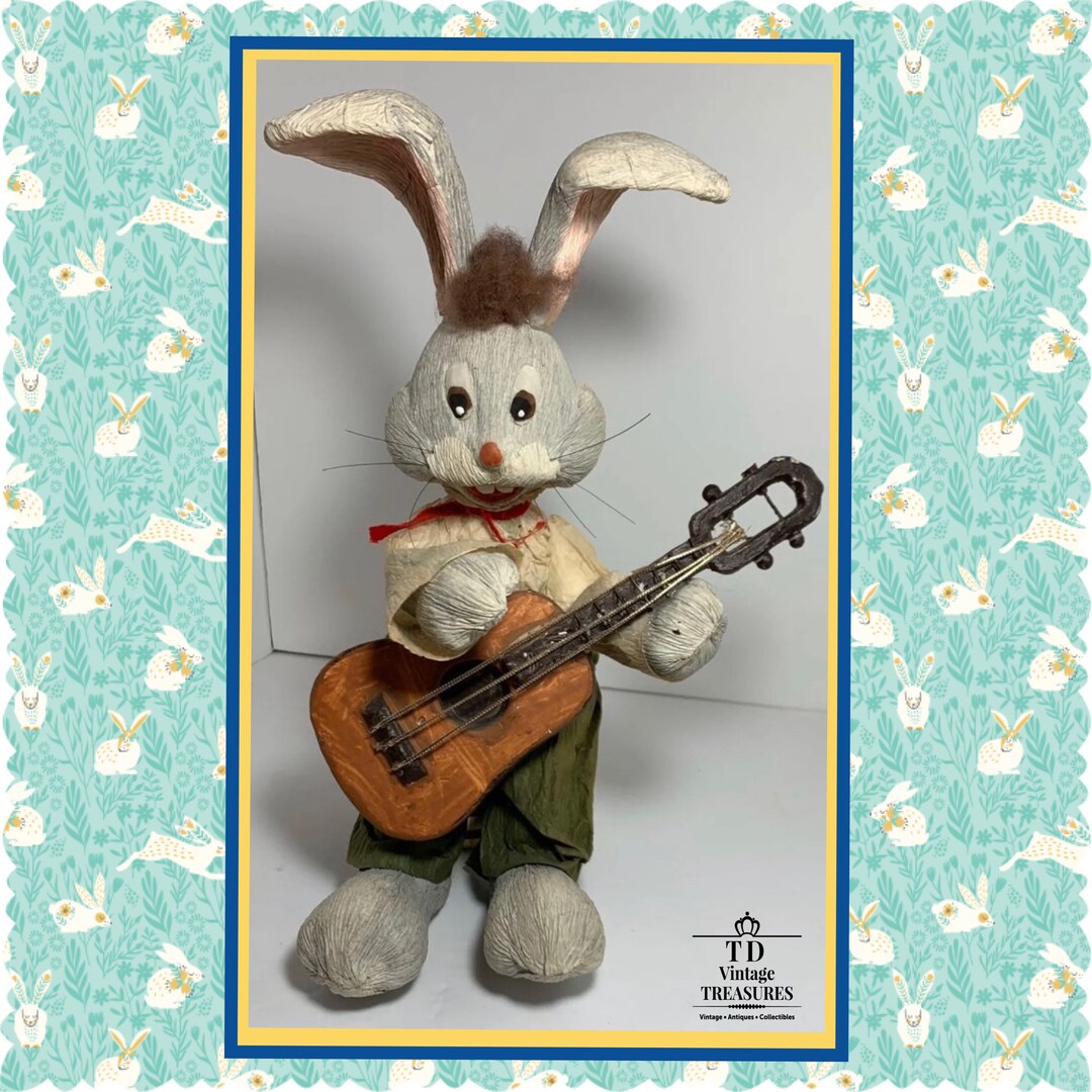 Standing Bunny Rabbit With Guitar Decoration Statue Paper Mache Figure ...