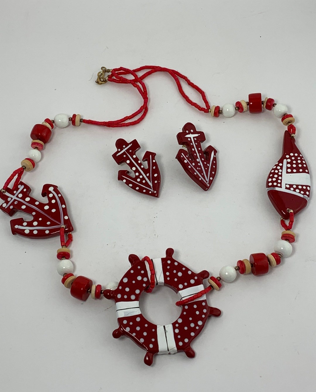 Nautical Themed Necklace and Earrings Set Anchor Fish Life Preserver