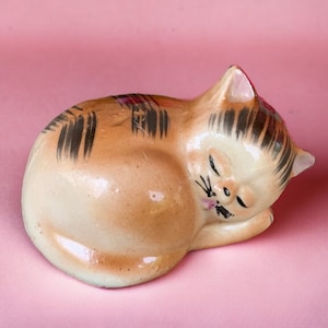 Vintage Orange and Black Sleeping Cat Figurine, Tabby Cat Ceramic Japan Figure