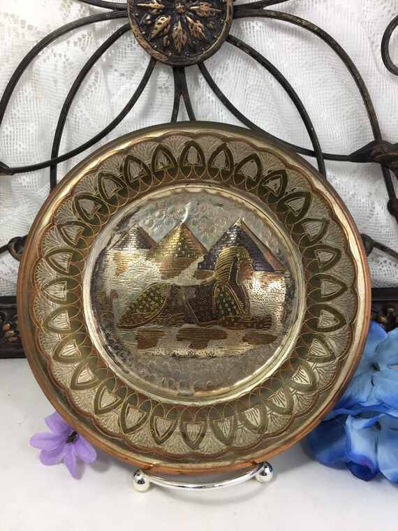 エジプト壁画プレート　エッチング　アート　壁用銅板皿？ Vintage Etched Egyptian Art Brass Wall Plates, Bas Relief Egyptian