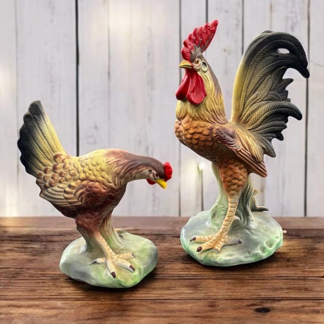 Ceramic Arco 11 Inch Rooster and 8 Inch Hen Chicken