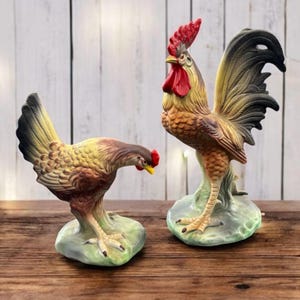 Ceramic Arco 11 inch Rooster and 8 inch Hen Chicken Figurines, JAPAN Vintage Chicken Figurines