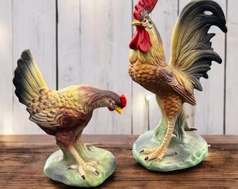 Ceramic Arco 11 inch Rooster and 8 inch Hen Chicken Figurines, JAPAN Vintage Chicken Figurines