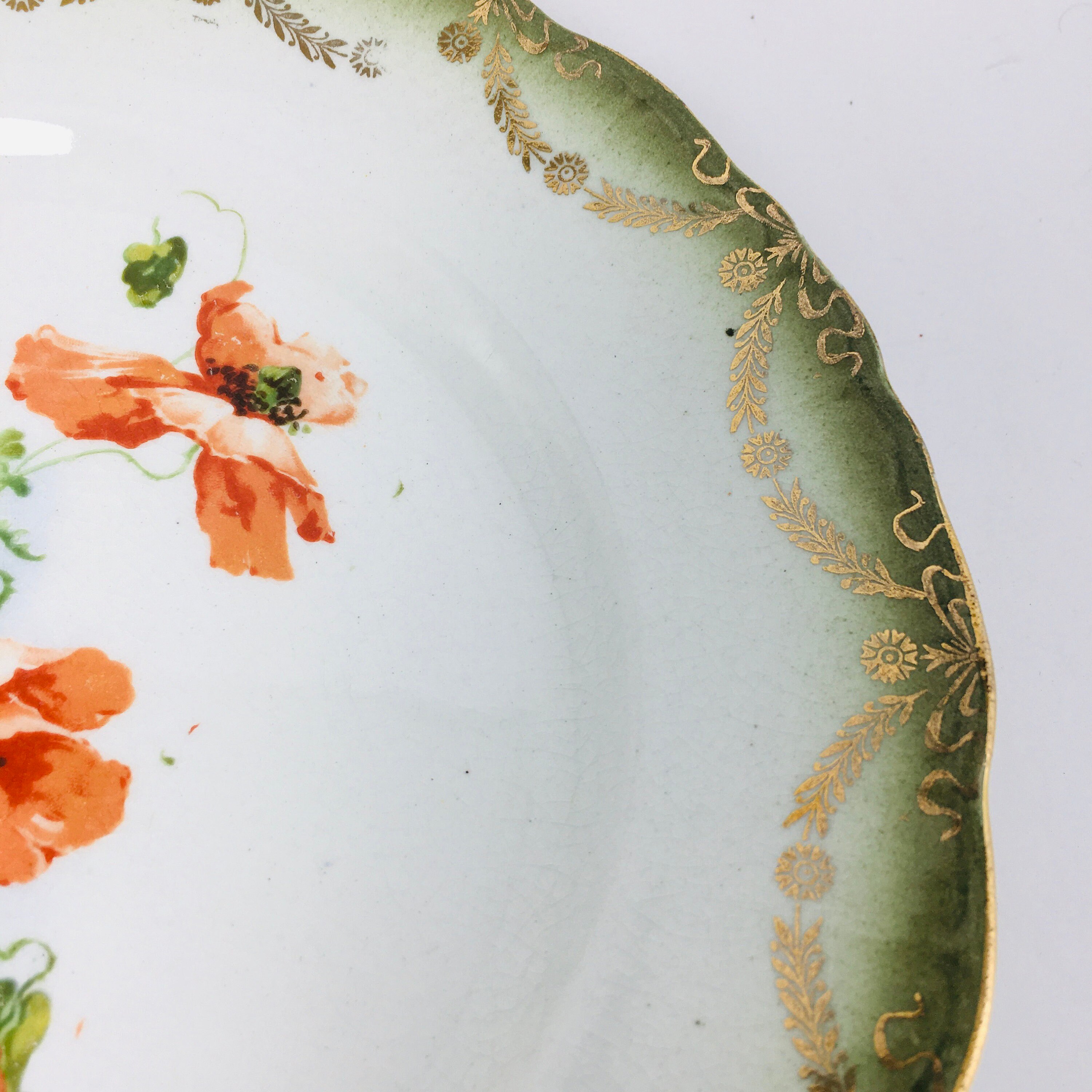 Antique Floral Plate Orange Flowers Green Rim Gold Decor Etsy