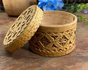 Round Birch Bark Trinket Box with Flower of Life Design | Carved Wood Jewelry Trinket Box