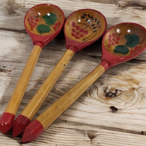 Vintage Wooden Spoons Set, Decorative Khokhloma Wood Spoons