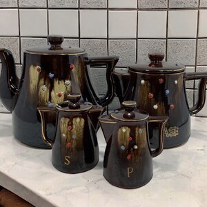 Vintage Kitchen Canister Set by Tilso,  Tea Pot Shaped Canisters, Tea Pot shaped Grease Container,  Tea Pot shaped salt and pepper shakers
