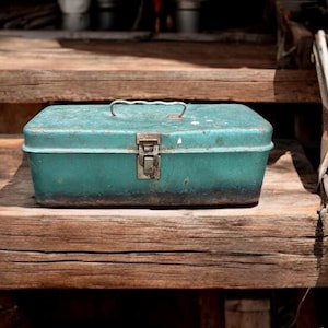 Vintage Teal Metal Toolbox | Rustic Industrial Lunchbox | Mid Century Metal Storage Box | Farmhouse Decor | Aged Patina Tool Box