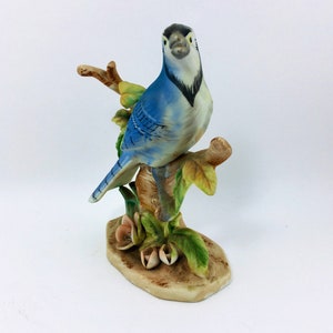 Royal Crown Blue Jay Bird Sitting On A Flowering Limb Figurine B3154