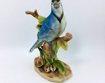 Royal Crown Blue Jay Bird Sitting On A Flowering Limb Figurine B3154