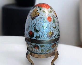 Vintage Brass Egg Box on Stand with Floral Design, Large Brass Egg Teinket Box