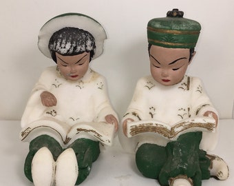 Vintage Chinese Children Sculptured Bookends| Boy and Girl Asian Children Reading | Handpainted