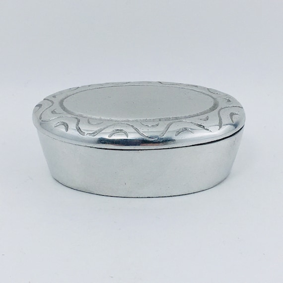 Vintage Oval Silver Color Metal Ring Box Trinket … - image 1