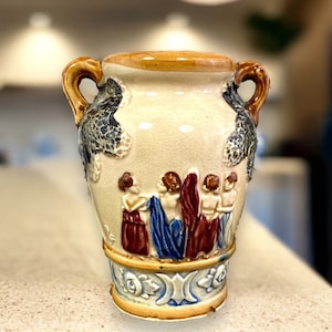 Vintage Ceramic Grecian Style Urn Vase - Hand Painted Sculpted Art Ladies Wearing Togas - Made in Japan