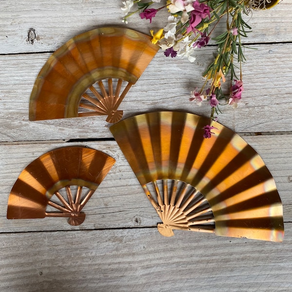 Vintage Metal Fan Shaped Wall Decor Copper & Gold Brass Color, Set of 3 Metal Fans