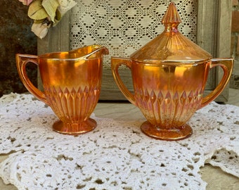 Vintage Carnival Glass Creamer and Sugar Bowl Jeannette Iridescent Marigold  - Anniversary Glass Creamer and Sugar Set