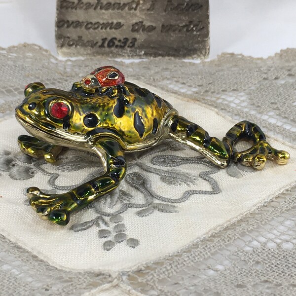 Frog and Ladybug Jeweled Trinket Box, Gold and Red Rhinestone Trinket Frog, Ladybug on Frog Trinket Box, Toad Trinket Box, Red Eyed Frog