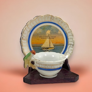 Vintage North Carolina Tasse und Untertasse Souvenir, Miniatur-Teetasse mit Papageiengriff, North Carolina Souvenirs
