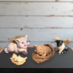 Vintage Miniature Pig Figurines, Pig With Wings, Pig in Burlap Bed, When Pigs Fly
