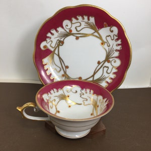 Schwarzenhammer Bavaria Tea Cup & Saucer, Magenta, Gold Leaf Pattern