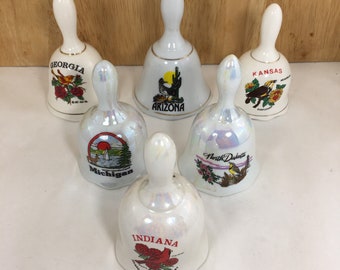 Bell, Hand Bell, State Souvenir Hand Bell, Vintage China Bell, Dinner Bell, Arizona Georgia Indiana Kansas Michigan North Dakota Bell