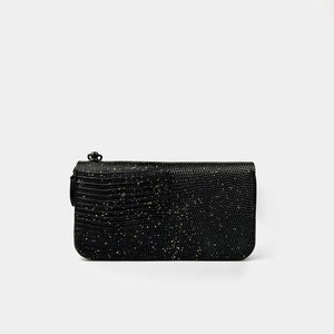 Cartera de cuero en relieve de lagarto, detalles de lámina de oro, oro de 24 quilates, cartera con cremallera, color negro, cremallera negra, cartera de gama alta, cartera de aspecto elegante