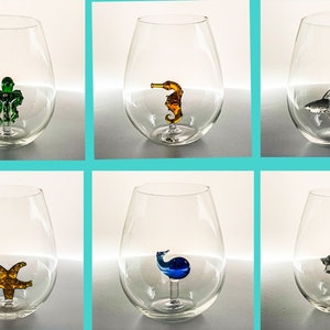 The Stemless Shark Wine Glass™ Ocean Collection Crystal - Includes the Octopus, Sea Horse, Starfish, Sea Turtle, Baby Shark, and Whale