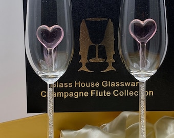 Two Heart Champagne Flutes™ with Swarovski™ Crystals in the Stem in a Beautiful Gift Box