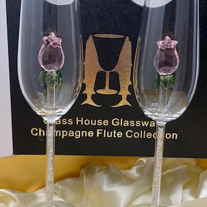 Two Rose Champagne Flutes™ with Swarovski™ Crystals in the Stem in a Beautiful Gift Box