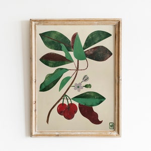Wall Decor Printed Linocut Hand made Art Print Limited Edition Home Decor Original Botanical Illustration Cherry Tree
