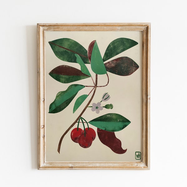 Wall Decor Printed Linocut Hand made Art Print Limited Edition Home Decor Original Botanical Illustration Cherry Tree