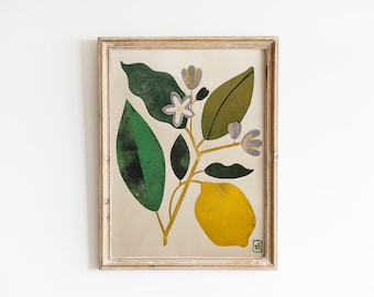 Wanddecoratie Gedrukte Linosnede Handgemaakte kunstprint Limited Edition Home Decor Originele botanische illustratie Citroenboom